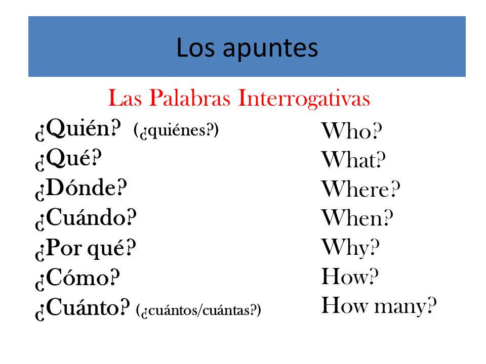 Los apuntes Las Palabras Interrogativas ¿Quién (¿quiénes ) ¿Qué ¿Dónde ¿Cuándo ¿Por qué ¿Cómo ¿Cuánto (¿cuántos/cuántas )