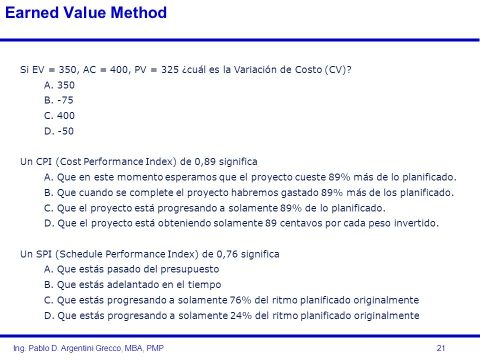Earned Value Method Si EV = 350, AC = 400, PV = 325 ¿cuál es la Variación de Costo (CV) A B
