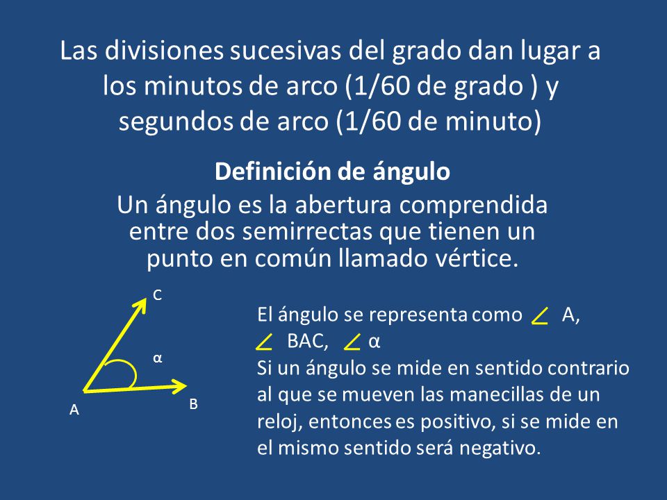 Las divisiones sucesivas del grado dan lugar a los minutos de arco (1/60 de grado ) y segundos de arco (1/60 de minuto)