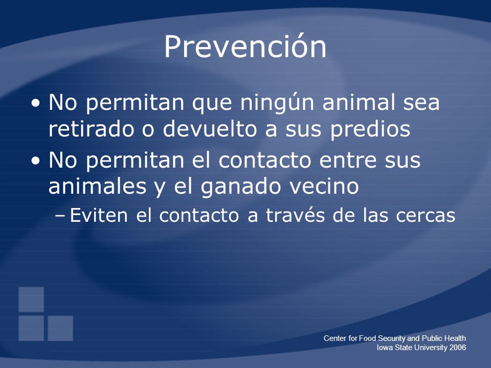 Prevención No permitan que ningún animal sea retirado o devuelto a sus predios. No permitan el contacto entre sus animales y el ganado vecino.