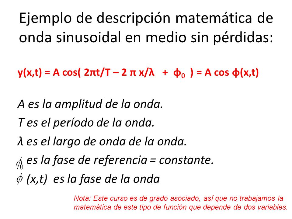 Ejemplo de descripción matemática de onda sinusoidal en medio sin pérdidas: