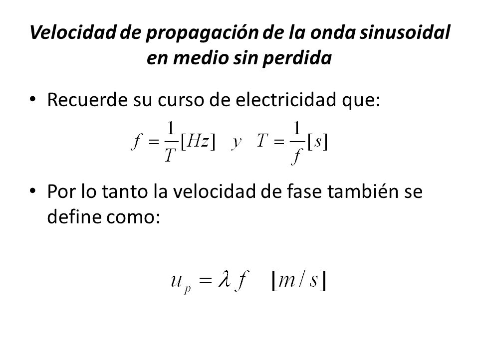 Velocidad de propagación de la onda sinusoidal en medio sin perdida
