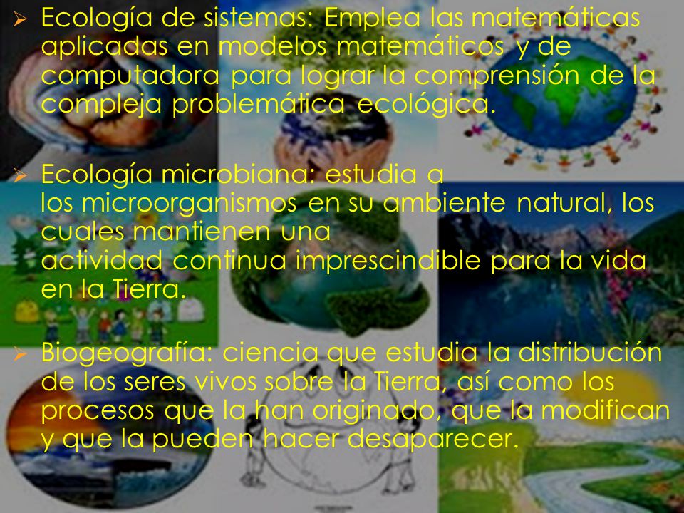 Ecología de sistemas: Emplea las matemáticas aplicadas en modelos matemáticos y de computadora para lograr la comprensión de la compleja problemática ecológica.