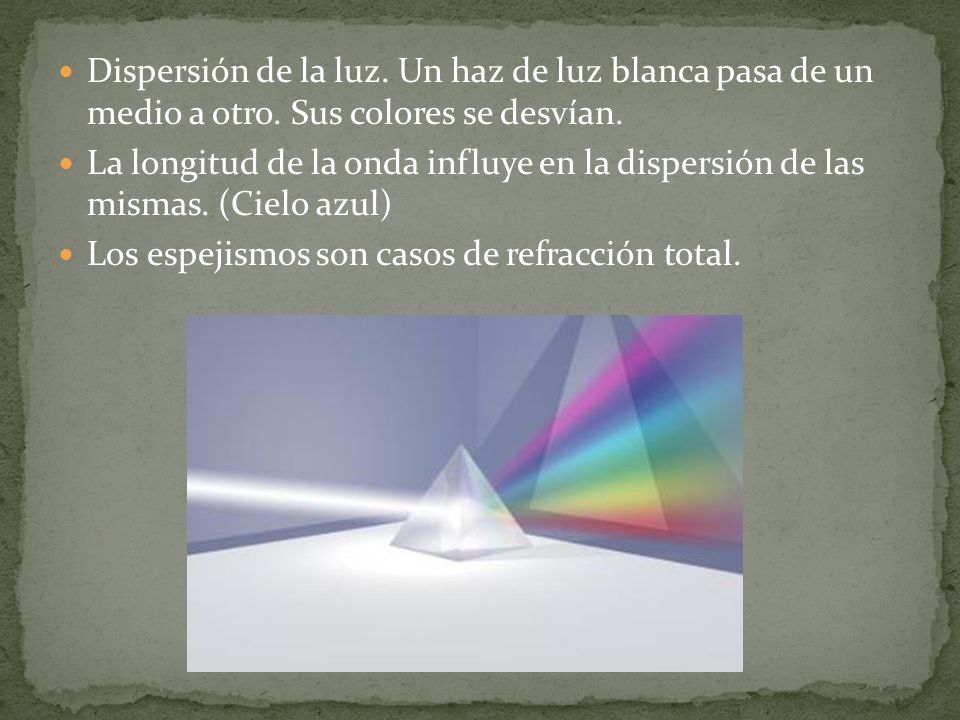 Dispersión de la luz. Un haz de luz blanca pasa de un medio a otro