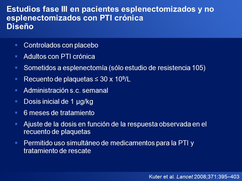 Estudios fase III en pacientes esplenectomizados y no esplenectomizados con PTI crónica Diseño