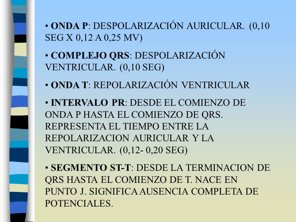 ONDA P: DESPOLARIZACIÓN AURICULAR. (0,10 SEG X 0,12 A 0,25 MV)