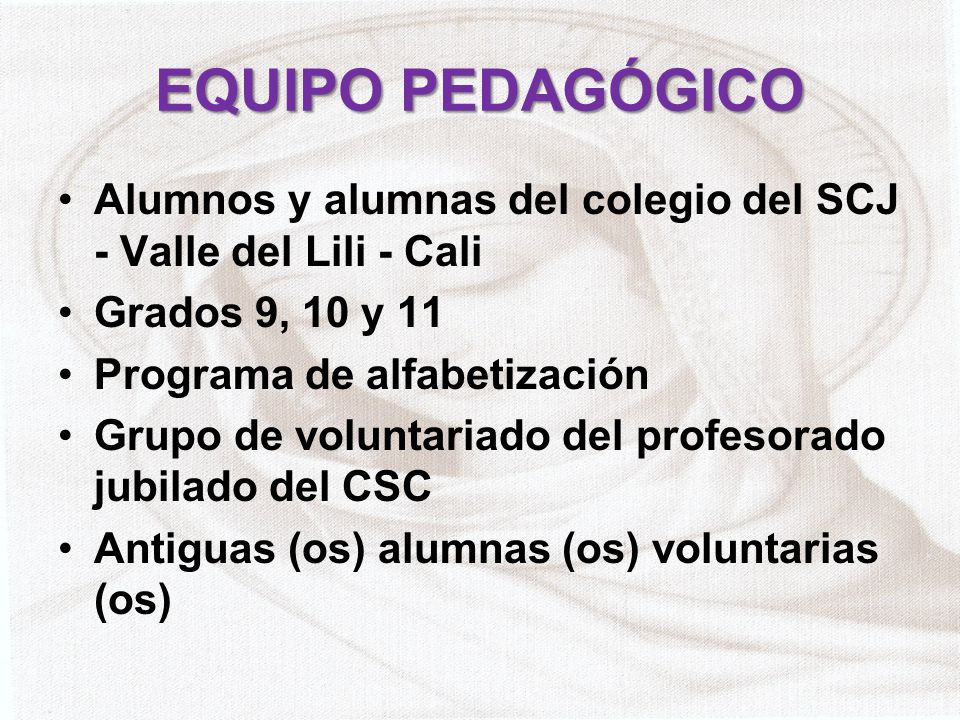 EQUIPO PEDAGÓGICO Alumnos y alumnas del colegio del SCJ - Valle del Lili - Cali. Grados 9, 10 y 11.