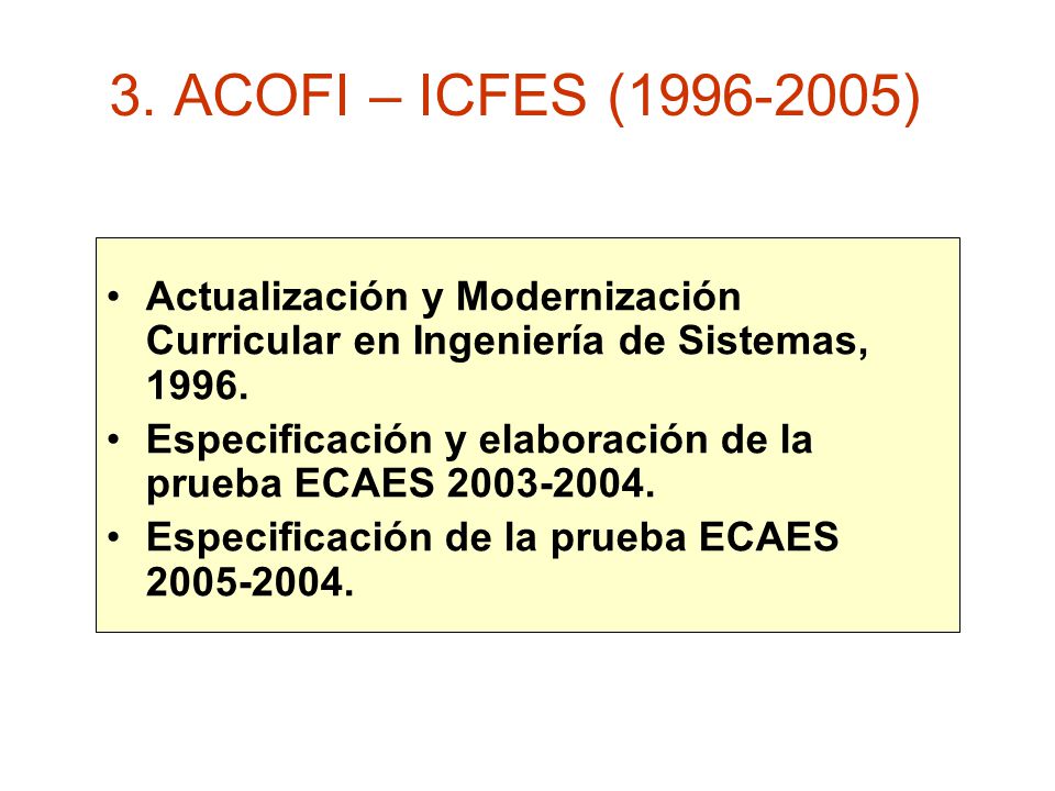 3. ACOFI – ICFES ( ) Actualización y Modernización Curricular en Ingeniería de Sistemas,