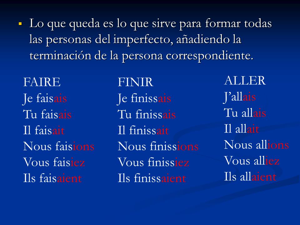 Lo que queda es lo que sirve para formar todas las personas del imperfecto, añadiendo la terminación de la persona correspondiente.