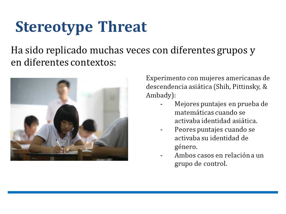 Stereotype Threat Ha sido replicado muchas veces con diferentes grupos y en diferentes contextos: