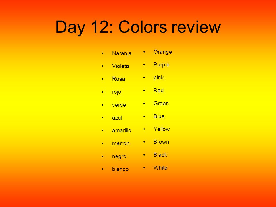 Day 12: Colors review Orange Naranja Purple Violeta pink Rosa Red rojo