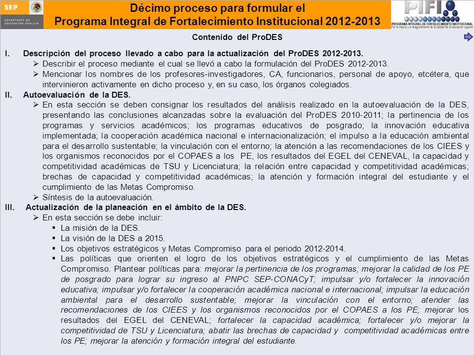 Contenido del ProDES Descripción del proceso llevado a cabo para la actualización del ProDES