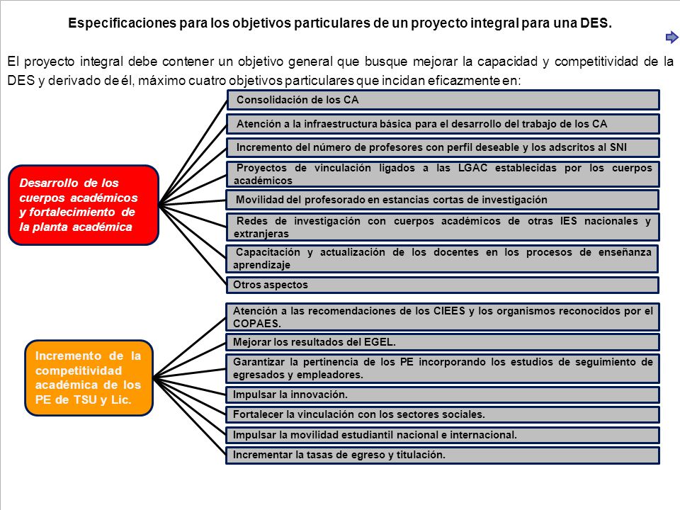 Especificaciones para los objetivos particulares de un proyecto integral para una DES.