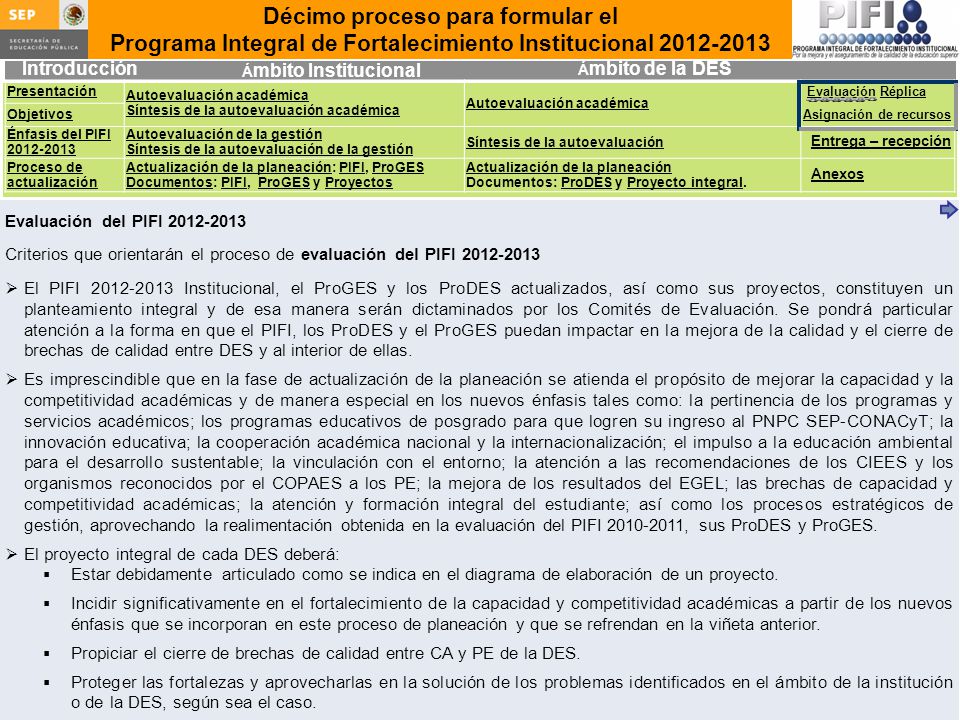 Evaluación del PIFI Criterios que orientarán el proceso de evaluación del PIFI
