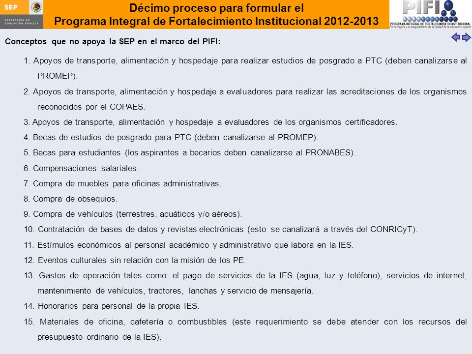 Conceptos que no apoya la SEP en el marco del PIFI: