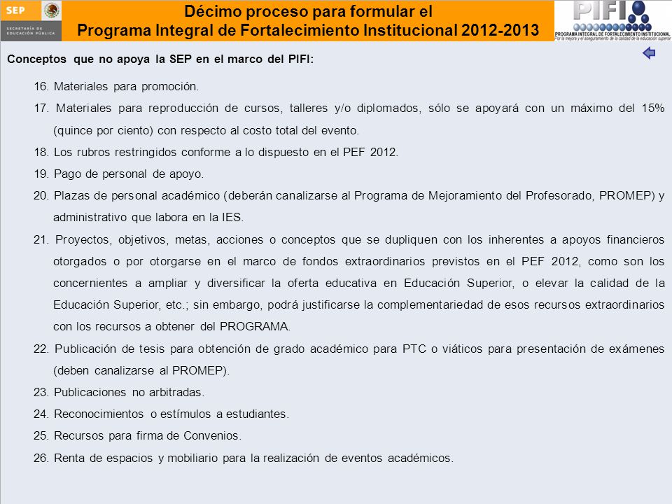 Conceptos que no apoya la SEP en el marco del PIFI: