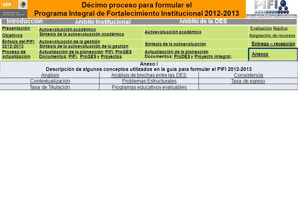 Anexo I Descripción de algunos conceptos utilizados en la guía para formular el PIFI Análisis.