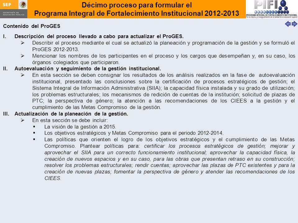 Contenido del ProGES Descripción del proceso llevado a cabo para actualizar el ProGES.
