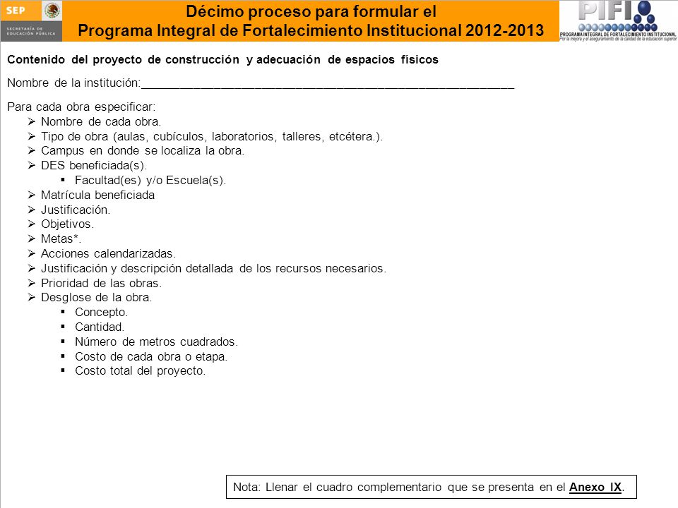 Contenido del proyecto de construcción y adecuación de espacios físicos