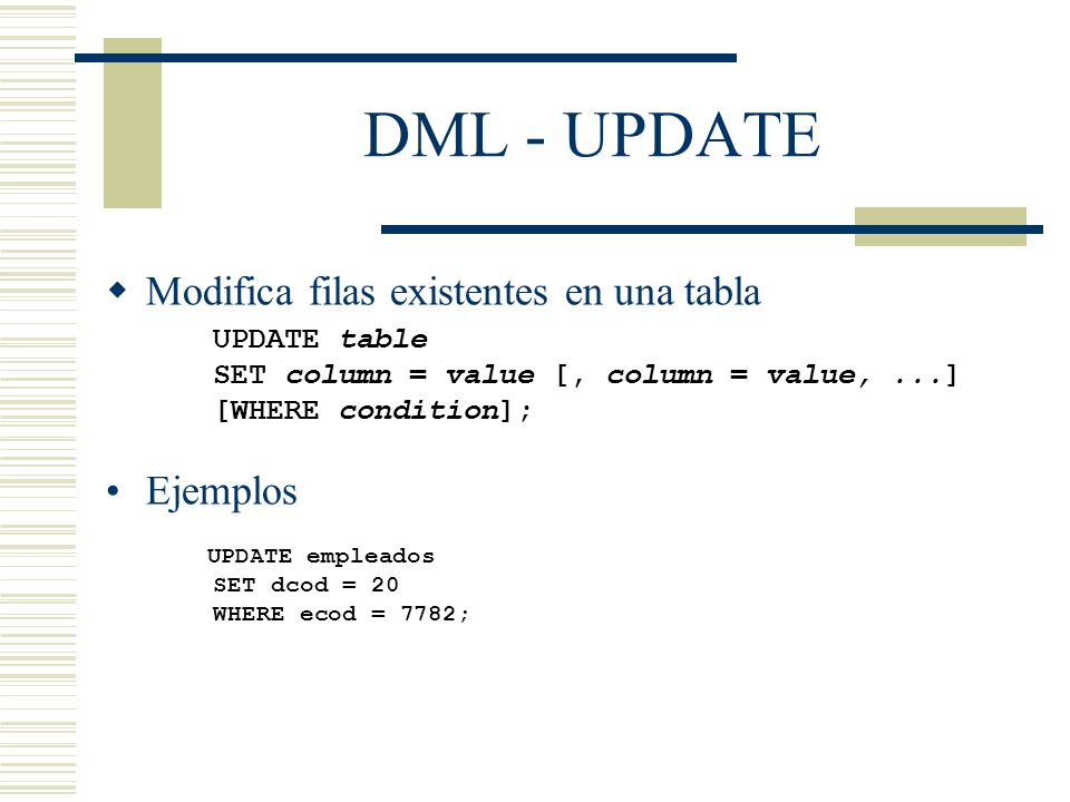DML - UPDATE Modifica filas existentes en una tabla Ejemplos