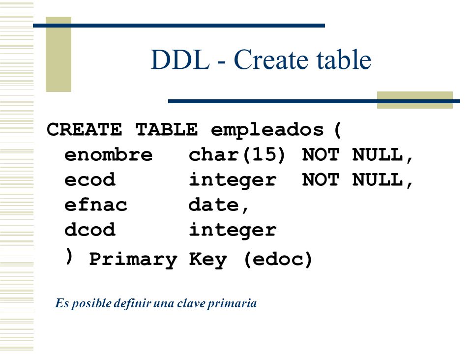 DDL - Create table CREATE TABLE empleados ( enombre char(15) NOT NULL,