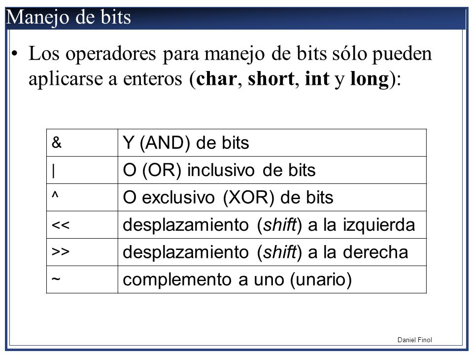 Manejo de bits Los operadores para manejo de bits sólo pueden aplicarse a enteros (char, short, int y long):