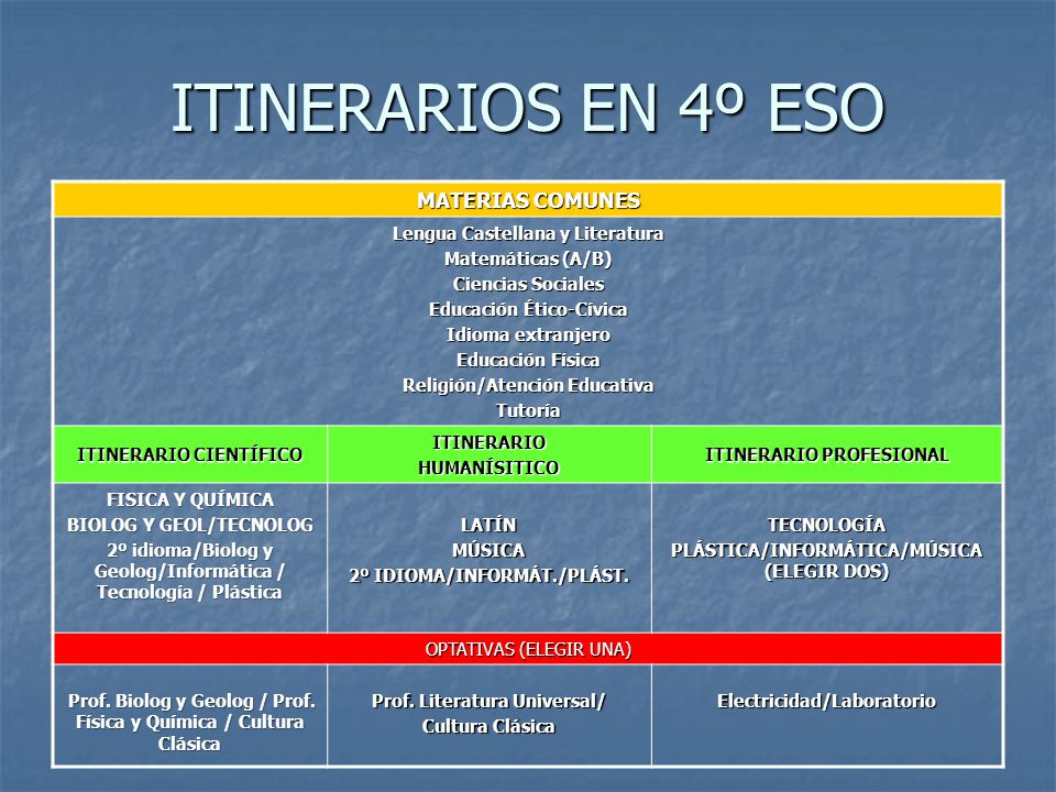 ITINERARIOS EN 4º ESO MATERIAS COMUNES Lengua Castellana y Literatura