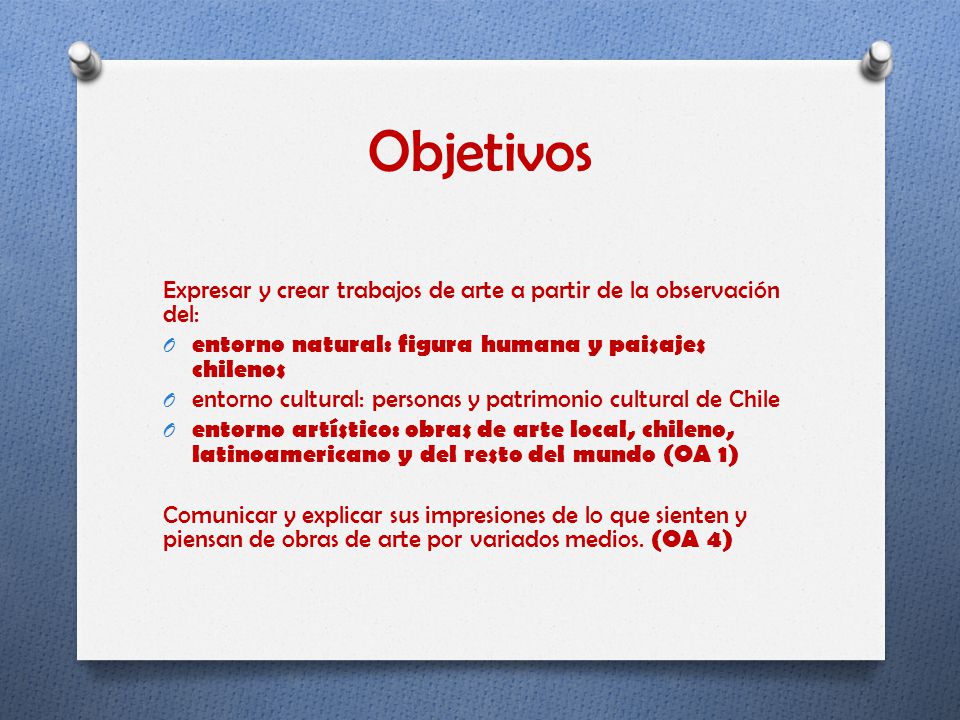 Objetivos Expresar y crear trabajos de arte a partir de la observación del: entorno natural: figura humana y paisajes chilenos.