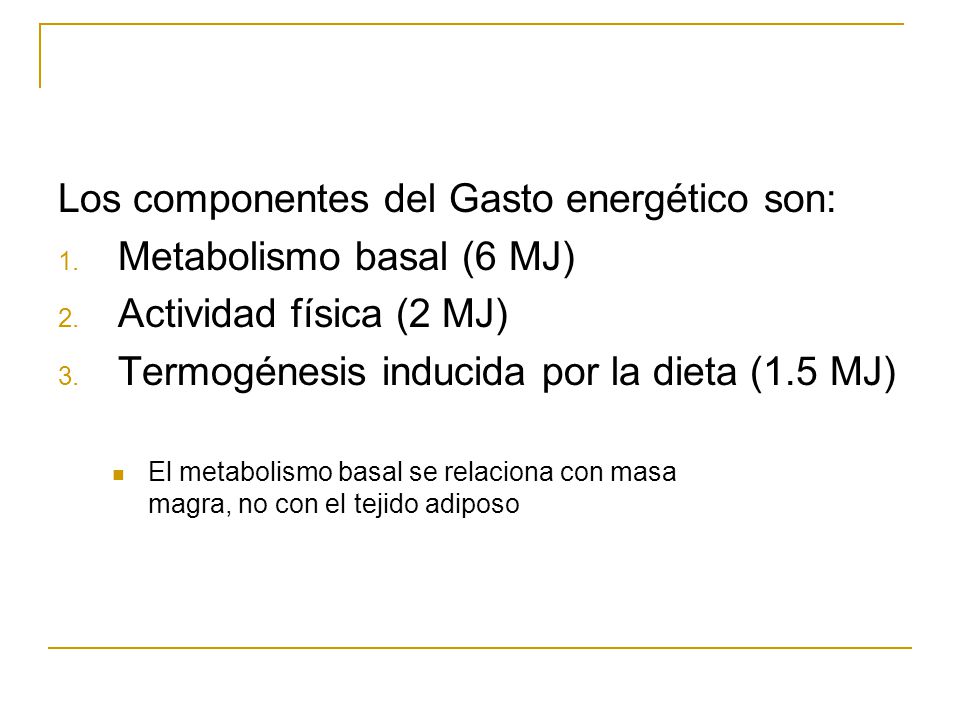 Los componentes del Gasto energético son: Metabolismo basal (6 MJ)