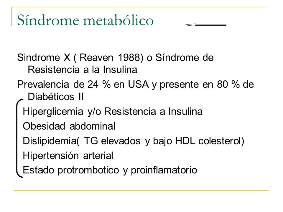 Síndrome metabólico Sindrome X ( Reaven 1988) o Síndrome de Resistencia a la Insulina.