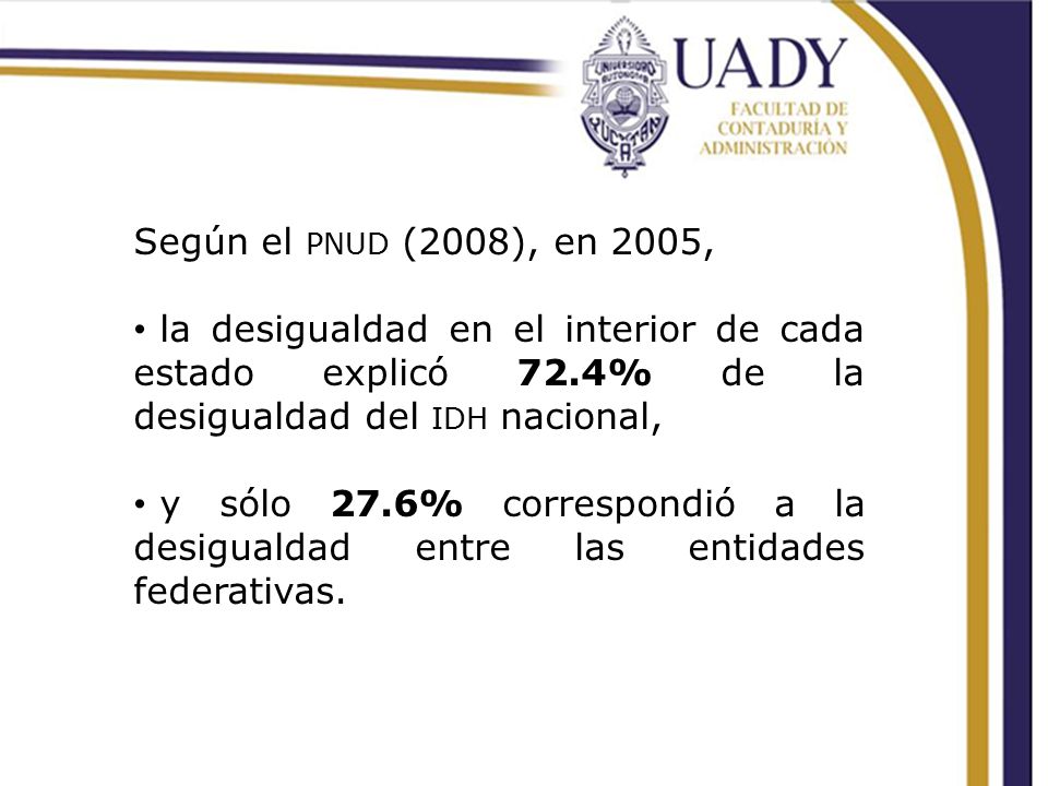 Según el pnud (2008), en 2005, la desigualdad en el interior de cada estado explicó 72.4% de la desigualdad del idh nacional,
