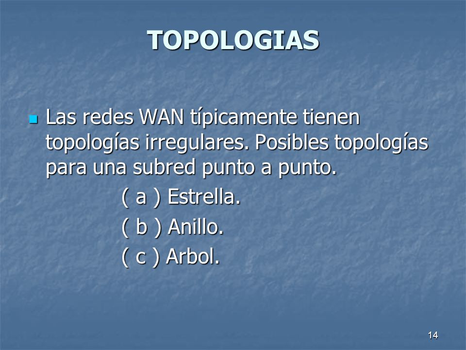 TOPOLOGIAS Las redes WAN típicamente tienen topologías irregulares. Posibles topologías para una subred punto a punto.