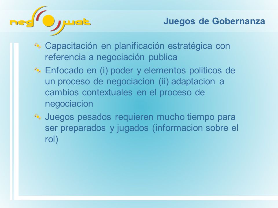 Juegos de Gobernanza Capacitación en planificación estratégica con referencia a negociación publica.