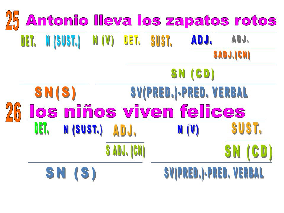 Antonio lleva los zapatos rotos DET. N (SUST.) N (V) DET. SUST. ADJ.