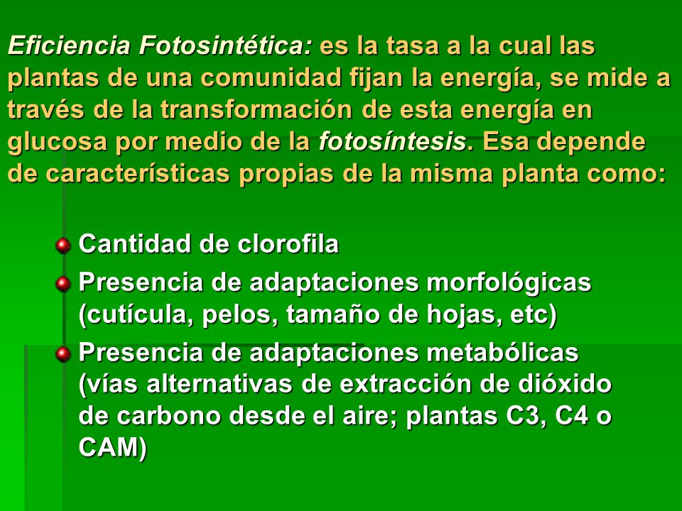 Eficiencia Fotosintética: es la tasa a la cual las plantas de una comunidad fijan la energía, se mide a través de la transformación de esta energía en glucosa por medio de la fotosíntesis. Esa depende de características propias de la misma planta como: