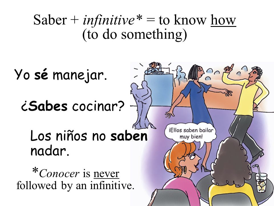 Saber + infinitive* = to know how (to do something)