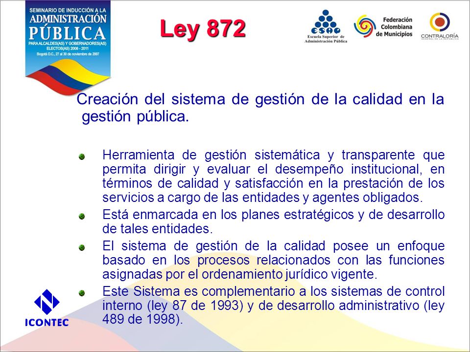 Ley 872 Creación del sistema de gestión de la calidad en la gestión pública.
