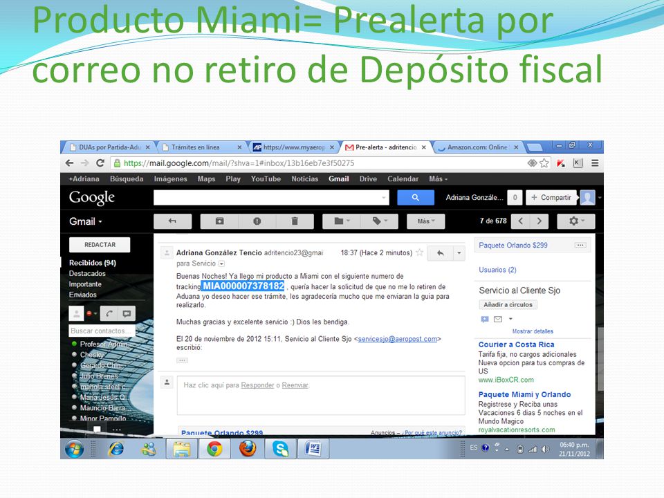 Producto Miami= Prealerta por correo no retiro de Depósito fiscal