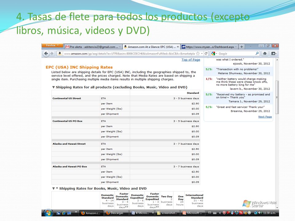 4. Tasas de flete para todos los productos (excepto libros, música, videos y DVD)