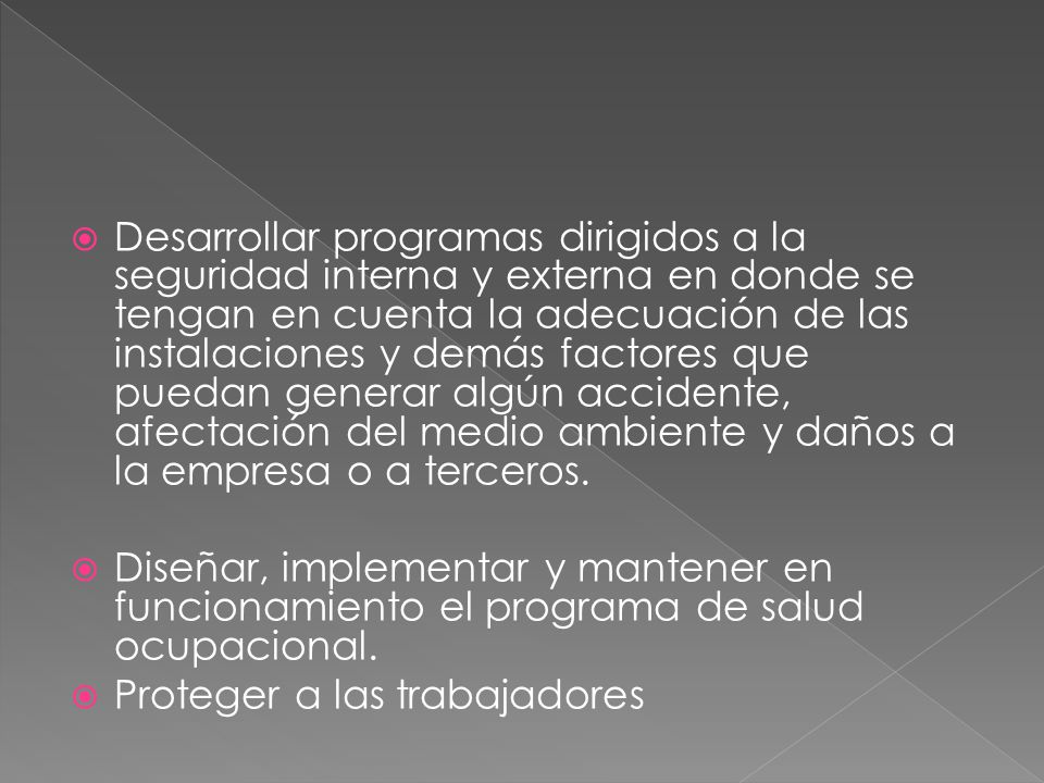 Desarrollar programas dirigidos a la seguridad interna y externa en donde se tengan en cuenta la adecuación de las instalaciones y demás factores que puedan generar algún accidente, afectación del medio ambiente y daños a la empresa o a terceros.
