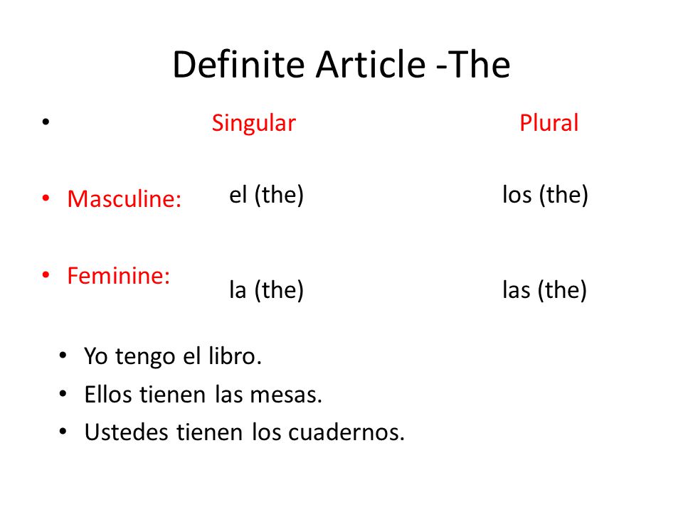 Definite Article -The Singular Plural Masculine: el (the) los (the)