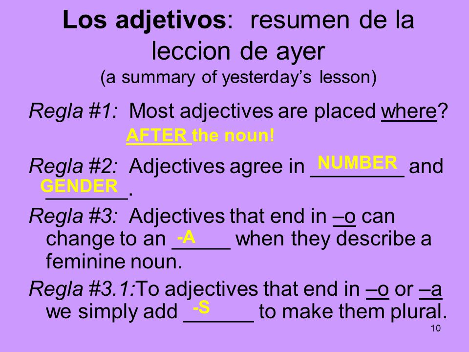 Los adjetivos: resumen de la leccion de ayer (a summary of yesterday’s lesson)