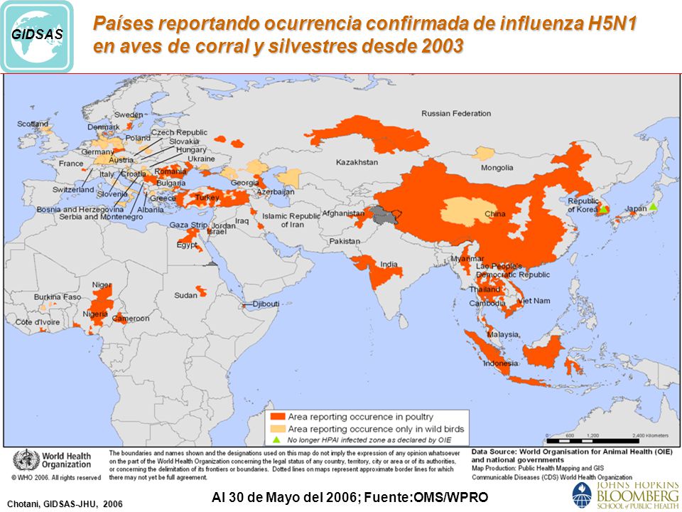 Países reportando ocurrencia confirmada de influenza H5N1 en aves de corral y silvestres desde 2003