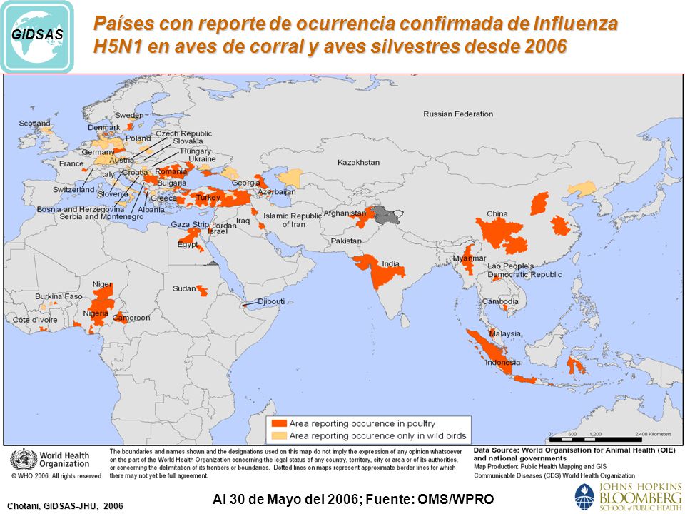 Países con reporte de ocurrencia confirmada de Influenza H5N1 en aves de corral y aves silvestres desde 2006