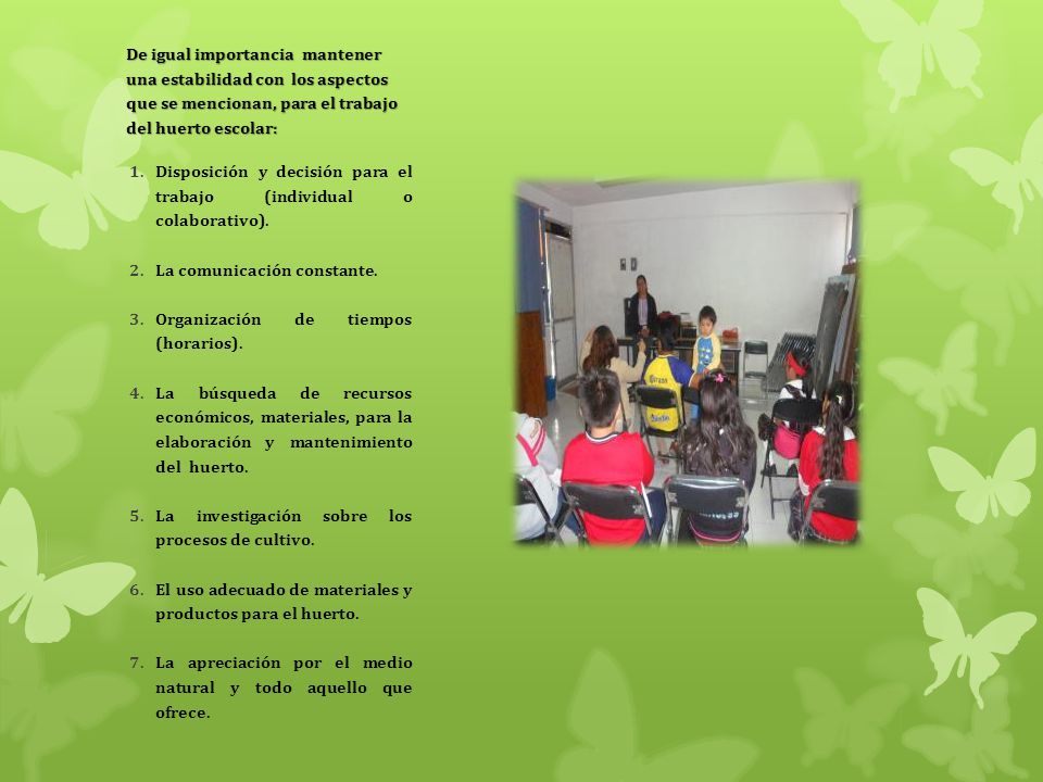 De igual importancia mantener una estabilidad con los aspectos que se mencionan, para el trabajo del huerto escolar: