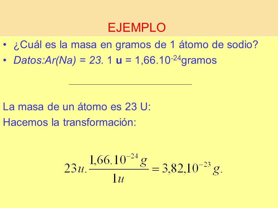 ¿Cuál es la masa en gramos de 1 átomo de sodio