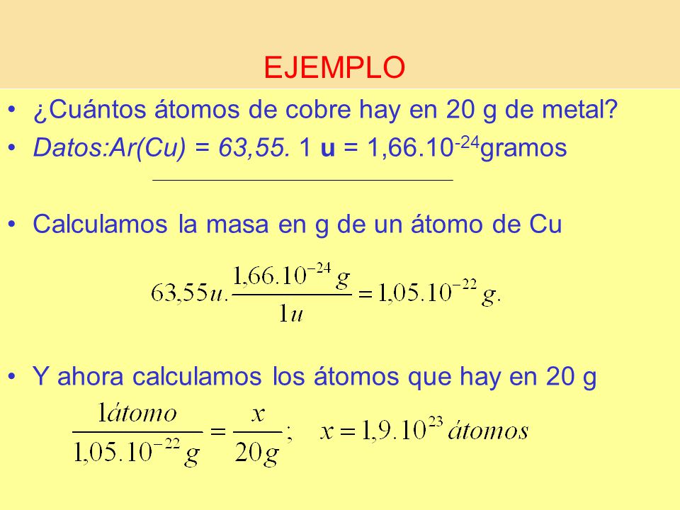 ¿Cuántos átomos de cobre hay en 20 g de metal