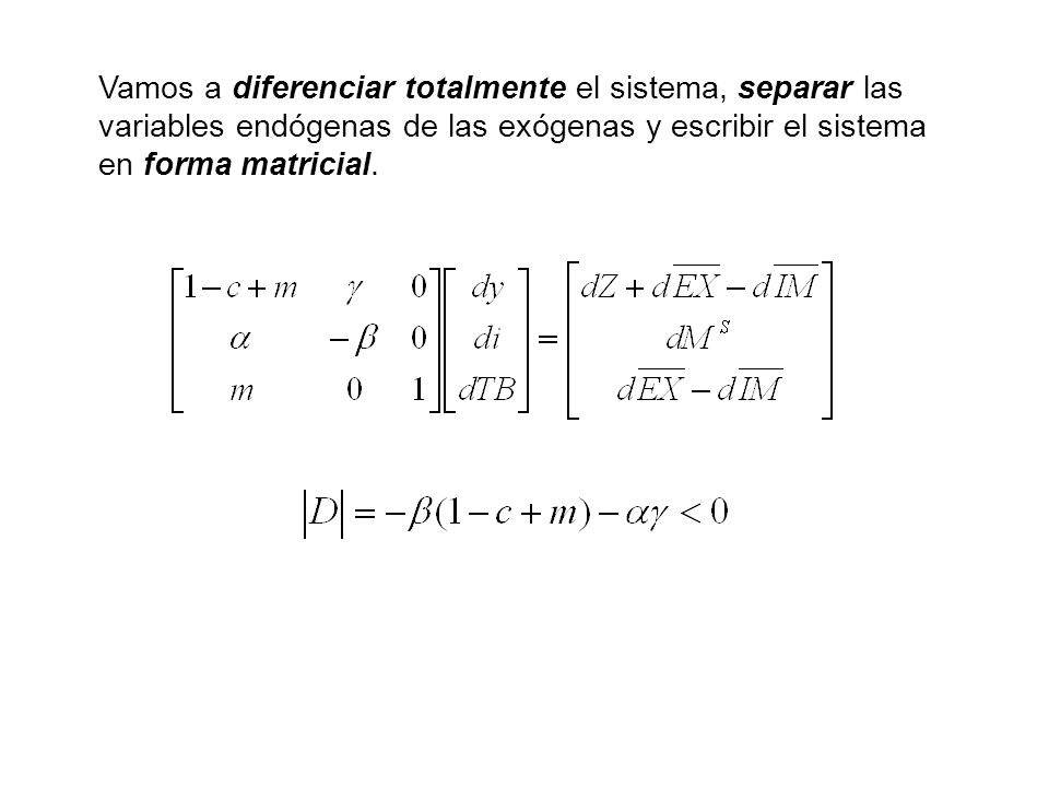 Vamos a diferenciar totalmente el sistema, separar las variables endógenas de las exógenas y escribir el sistema en forma matricial.