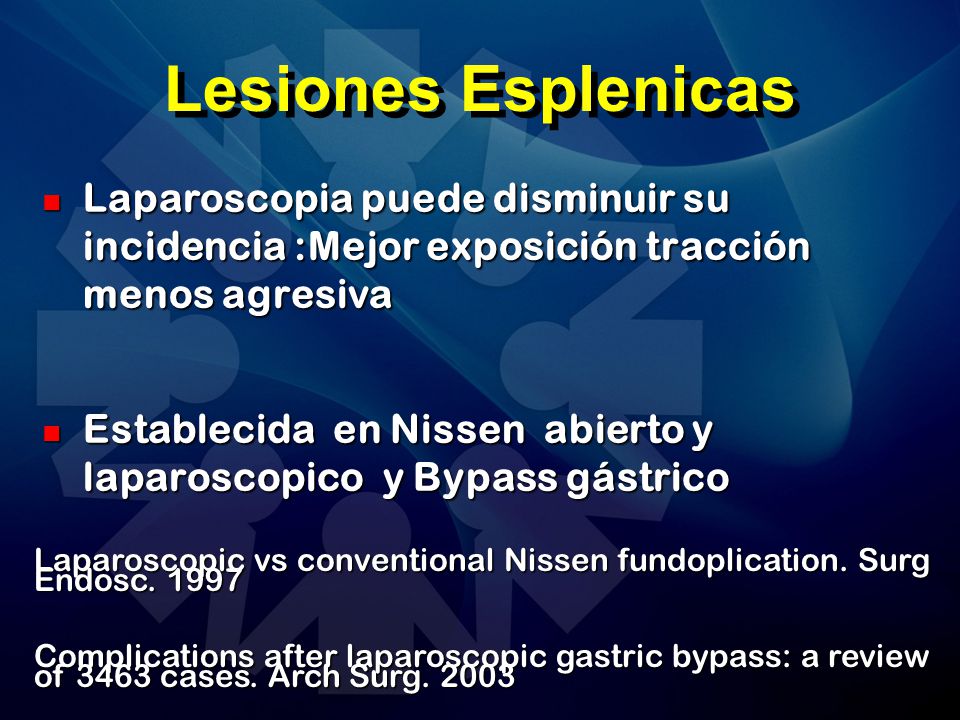 Lesiones Esplenicas Laparoscopia puede disminuir su incidencia :Mejor exposición tracción menos agresiva.
