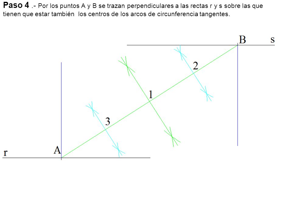Paso 4 .- Por los puntos A y B se trazan perpendiculares a las rectas r y s sobre las que tienen que estar también los centros de los arcos de circunferencia tangentes.